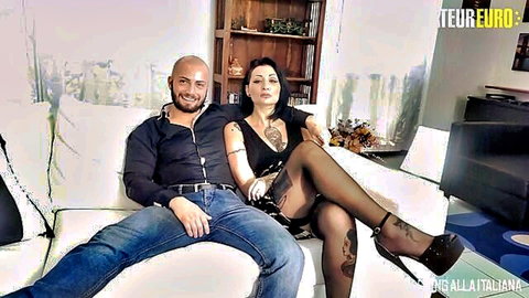 Hot inked Italian MILF in stockings and heels on casting audition with man