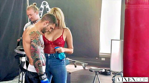 Athena Palomino in red lace lingerie tempts tattooed MMA fighter post-photoshoot