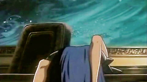 Blue-haired hentai queen on throne gets cunnilingus on shaved pussy from behind
