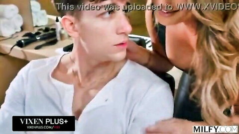 Blonde MILF giving intense blowjob and handjob to guy's hard cock up close
