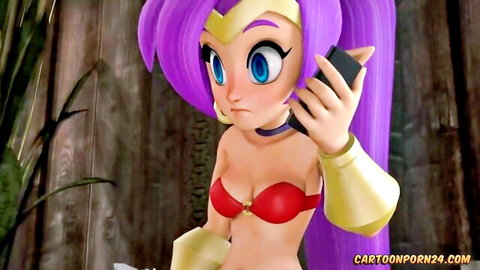 Surprised 3D Shantae with huge tits holding phone in red bikini top