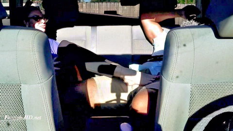 Ebony couple fucking in taxi backseat with her legs spread on his big black cock