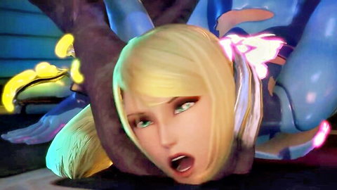 Blonde anime girl deepthroats blue monster tentacles with open mouth and ecstatic face
