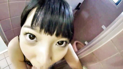 Cute Asian babe squats in pink bathroom teasing censored pussy POV