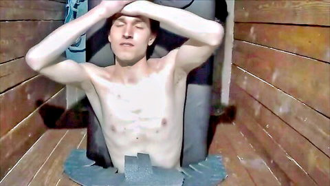 Shirtless guy arms up in vulnerable pose during Gloriole orgy BJ scene