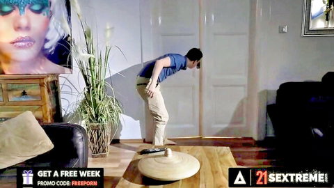 Slim Asian man bending over in tight khaki pants, teasing ass view in home setting