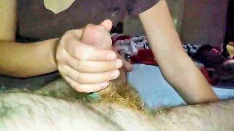 OniSoi's slender hands grip cum-covered cock after deep fuck