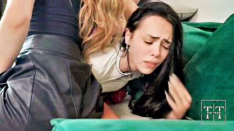 Crystal White dominated in rough teen threesome punishment on couch