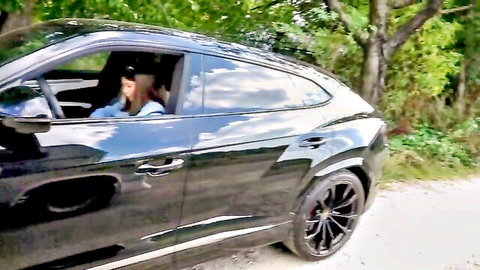 Cheating wife with perfect tits in luxury car, teasing before creampie
