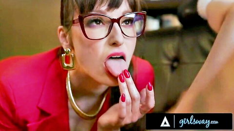 Seductive brunette in red glasses and blazer sticks out tongue for lesbian pussy licking tease