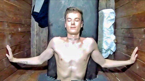 Blonde Czech guy shirtless in kinky homo roleplay pose, arms outstretched