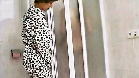Curvy mom in dalmatian pajamas at steamy lesbian shower with daughter