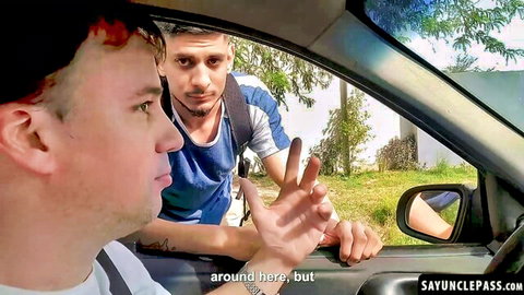 Alex and Jonas chatting with Alexander at car window in gay bareback setup