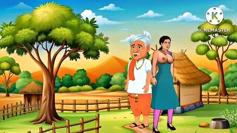 3D animated Desi beauty with perfect big tits poses topless with elderly man in village