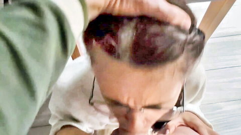 Boss hand gripping submissive employee's hair forcing him to kneel and look up mouth open
