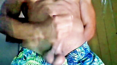 Luis, 26yo Dominican hunk masturbating solo, uncut cock exposed