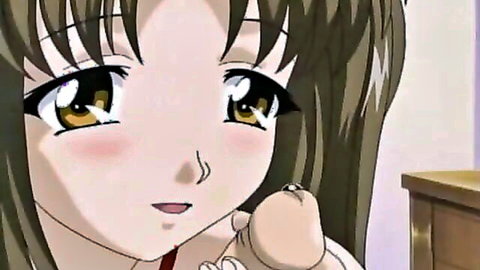 Cute anime teen with brown hair blushing while holding dildo in anal play
