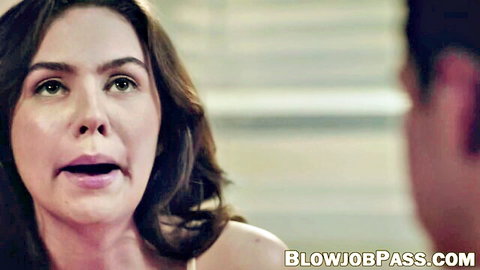 Freya Parker with open mouth in intense blowjob scene, seductive gaze
