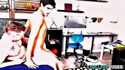 Two nude college guys in gay blowjob action with young man sucking cock in dorm room