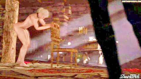 Nude blonde futanari elf bent over in Witcher cartoon porn