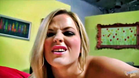 Blonde MILF grimacing with open mouth and exposed tits during nasty facial cumshot