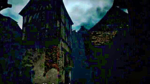 Eerie dark fantasy gothic village alleyway shrouded in night fog and mist