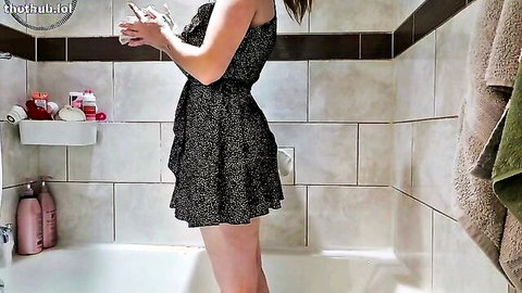 Ms Amy in short black dress cleaning bathroom, OnlyFans solo tease