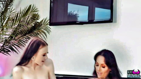 Two topless brunettes smiling seductively showing tits in bedroom tease