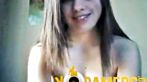 Smiling Asian teen topless on webcam, hot masturbation show
