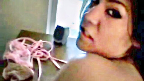 Amateur brunette POV closeup of open mouth teasing blowjob with pink bondage ropes nearby