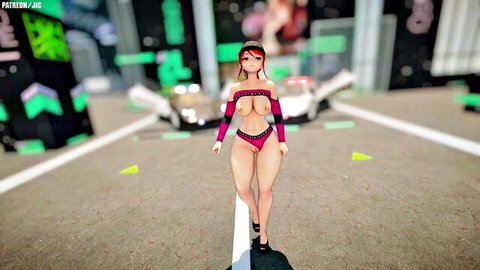 Pyrrha Nikos topless in pink thong, showcasing big tits and long legs on neon street