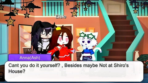 Cartoon anime babes Elsie and Anna-Ash chatting flirtatiously in cozy house with catgirl friend