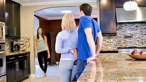 Curvy blonde MILF in tight leggings groped by boyfriend in kitchen while brunette watches