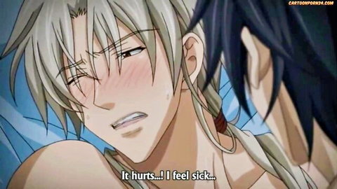 Anime yaoi scene from The Tyrant Who Falls in Love OVA, silver-haired guy in pained ecstasy