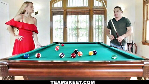 Sloan Harper in sexy red dress leaning over pool table with man, adult thumbnail