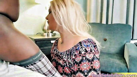 Blonde babe passionately kissed by black stud in steamy interracial couch tease