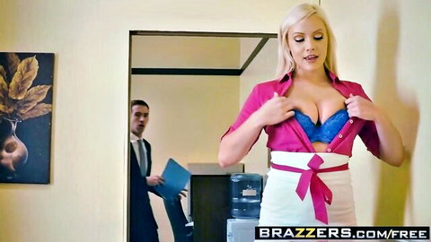 Kylie Page teases in open pink blouse and blue bra, Danny D in office