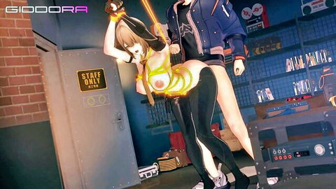 Evelyn ZZZ anime girl bound in yellow ropes, topless with exposed breasts