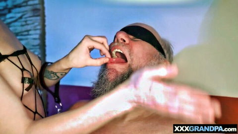 Nikki Fox teen domina feeds blindfolded grandpa in lingerie
