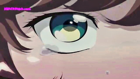 Closeup of teary blue anime girl's eye in hentai video