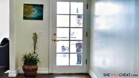 Voyeur husband peeks through glass door spying on cheating wife inside