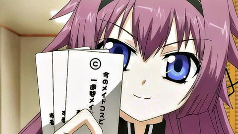 Hentai maid with purple hair big tits and blue eyes smiling holding cards