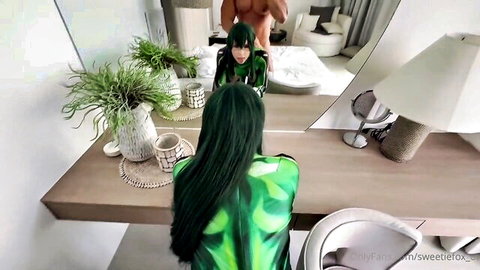 Froppy cosplay babe in steamy mirror sex with hot stud from behind