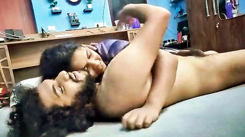 Mallu stepmom in purple nighty embraces nude stepson intimately on bed