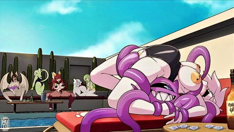 Anime girl bound and penetrated by tentacles at pool with watching monster girls