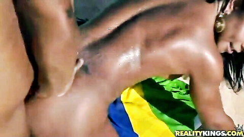 Oiled tanned Brazilian Latina fucked doggy style anal outdoors poolside with cumshot on back