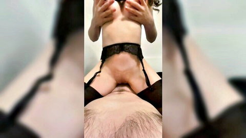 Amateur girlfriend in black garter belt rides boyfriend's cock cowgirl style in homemade mirror selfie
