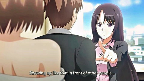 Anime girl in pink blouse scolding suited guy by window in office