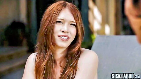 Lexi Luna redhead MILF smiling seductively, topless tease