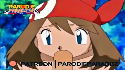 Anime Pokémon May parody teen brunette sucking thick orange cock with wide eyes